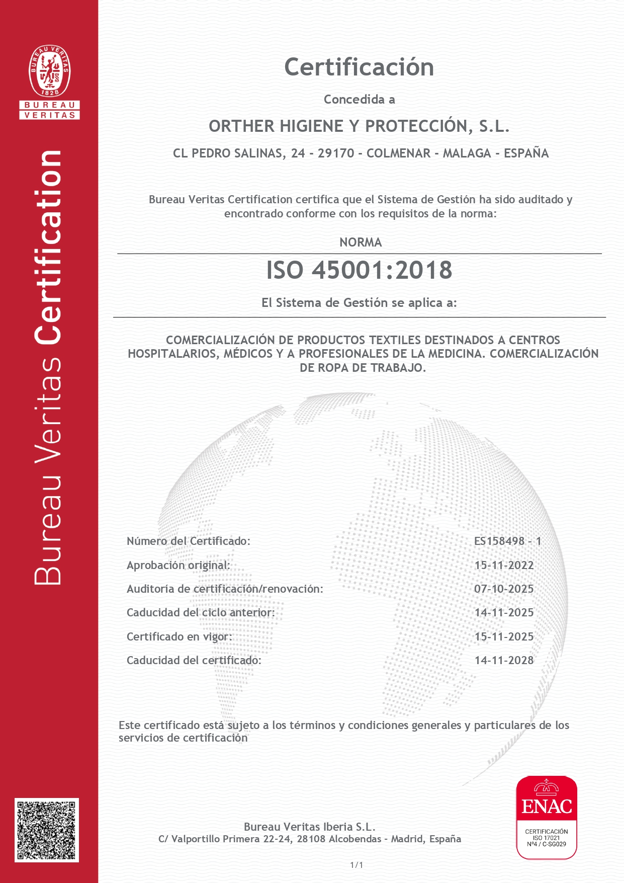 45001 ORTHER HIGIENE Y PROTECCION SL VALIDO 14112028 page 0001